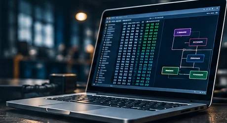 Laptop displaying firmware analysis in an automotive workshop